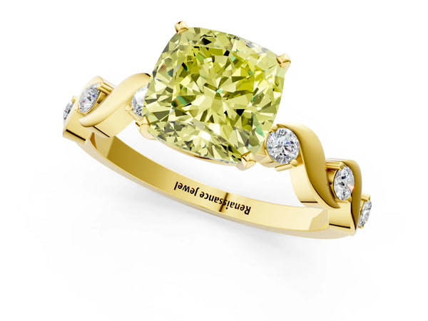 Yellow Gold Cushion Cut Ribbon Twist Engagement Ring Setting for Fancy Yellow Center