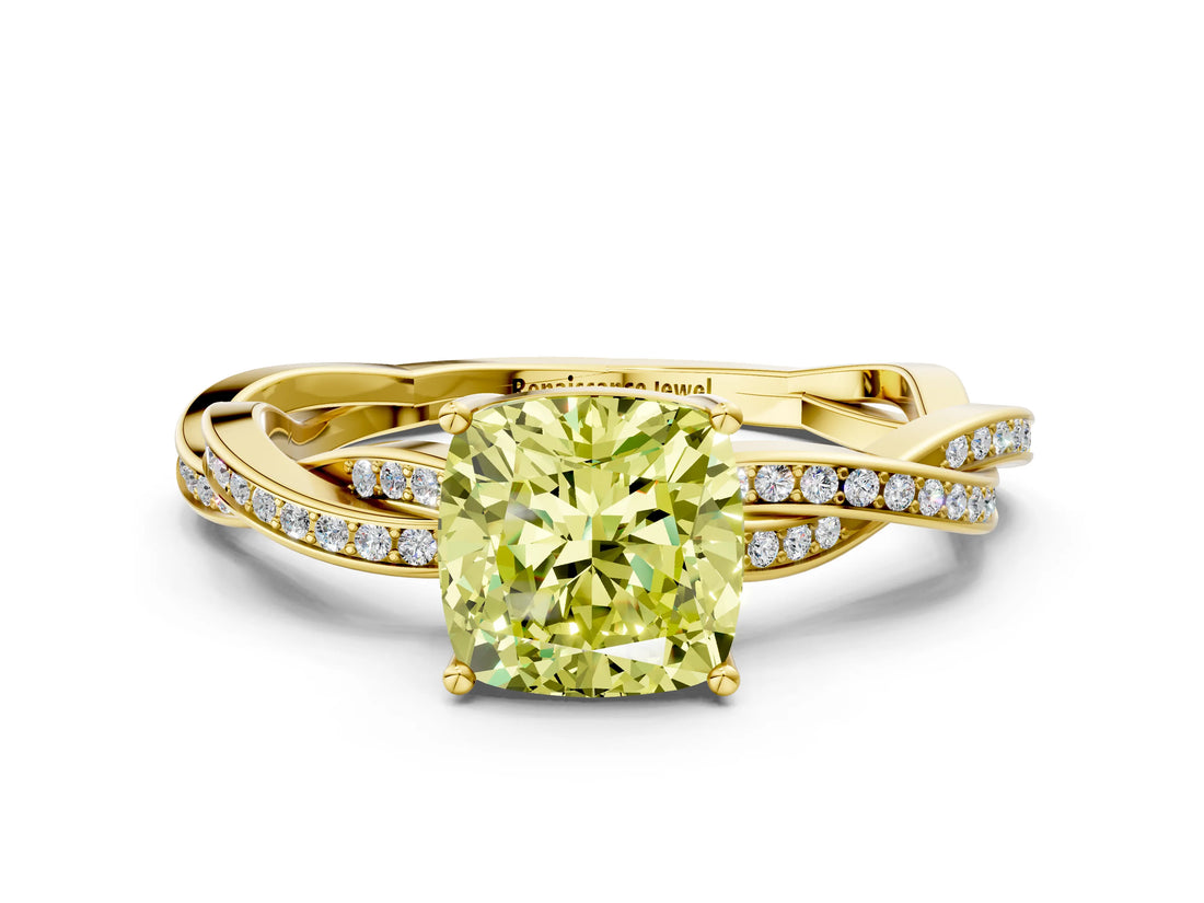 Yellow gold Fancy Yellow Cushion  Solitaire Twisted Pave Diamond Ring with Four-Prong Setting_24