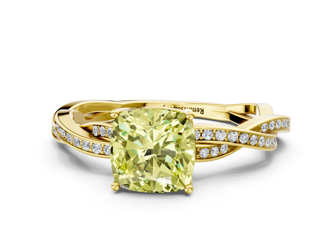 Yellow gold Fancy Yellow Cushion  Solitaire Twisted Pave Diamond Ring with Four-Prong Setting_80