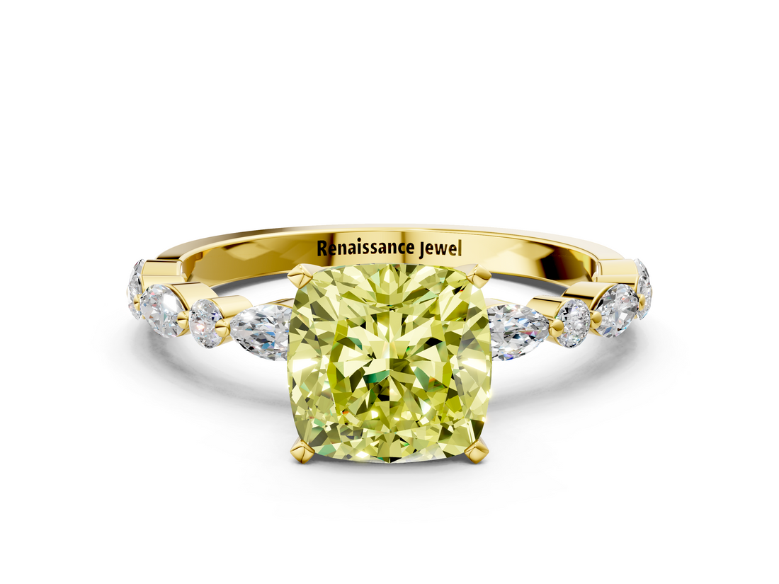 Yellow gold Fancy Yellow Cushion  Solitaire with Side Stones on a Pavé Band and Four-Prong Setting_23