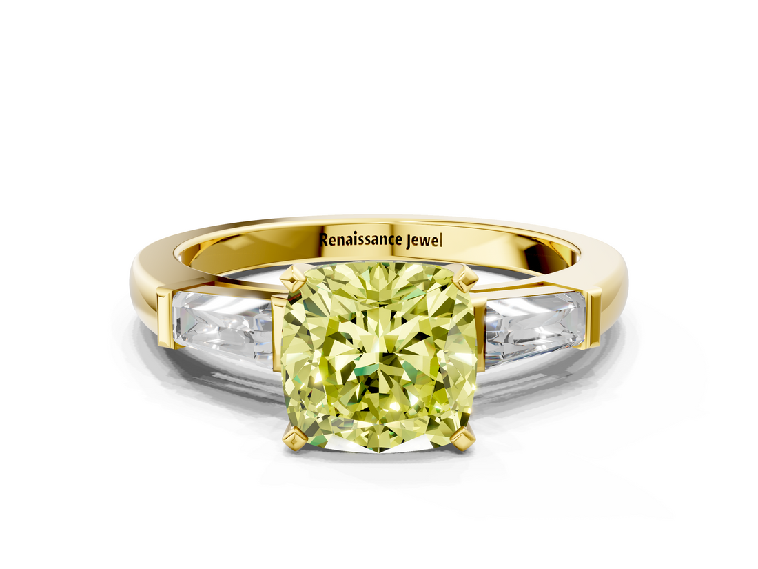 Yellow gold Fancy Yellow Cushion  Solitaire with Tapered Baguette Side Stones on a Classic Band with Four-Prong Setting_102