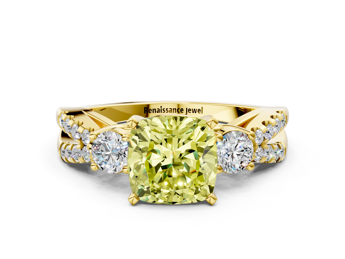 Yellow gold Fancy Yellow Cushion  Three-Stone Diamond Ring with Pavé Split Shank and Four-Prong Setting_45