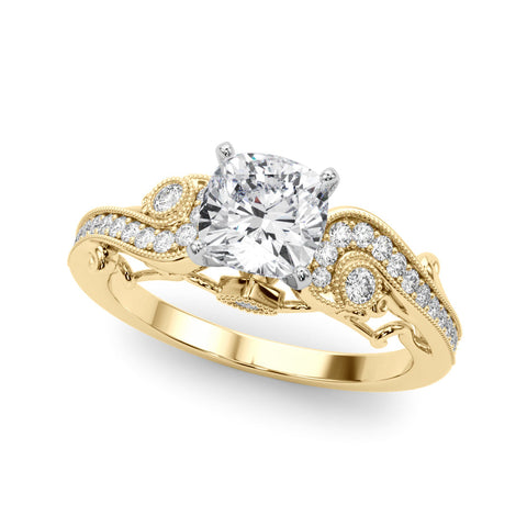 Yellow gold Fancy Yellow Cushion cut Solitaire with Milgrain Pave Band and Four-Prong Setting