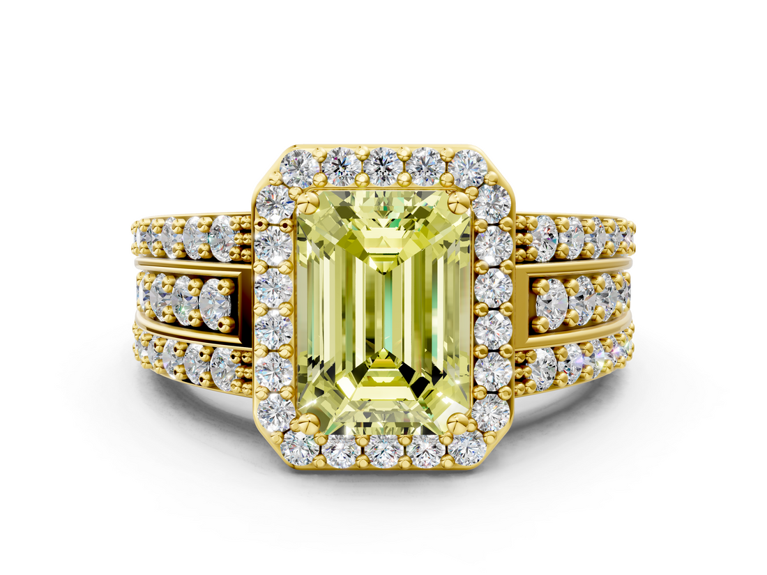 Yellow gold Fancy Yellow Emerald -Cut Halo Diamond Ring with Split Shank and Four-Prong Setting_71