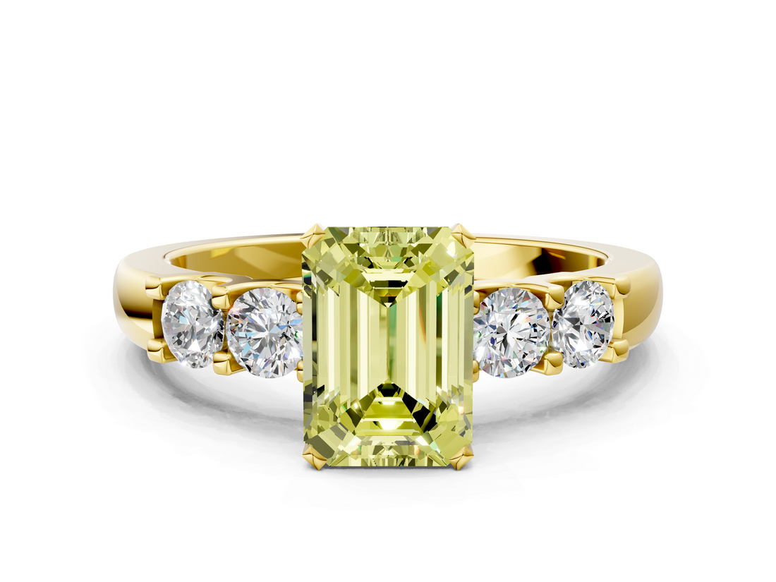 Yellow gold Fancy Yellow Emerald  Brilliant Cut Diamond Five-Stone Prong Set Engagement Ring with Channel Band_3