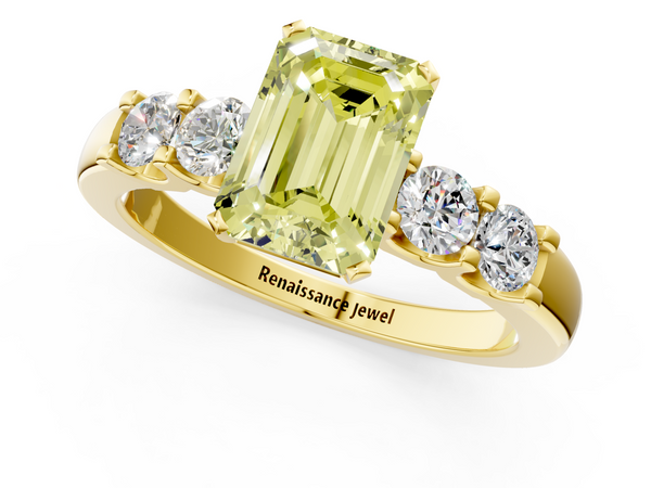 Yellow gold Fancy Yellow Emerald  Brilliant Cut Diamond Five-Stone Prong Set Engagement Ring with Channel Band