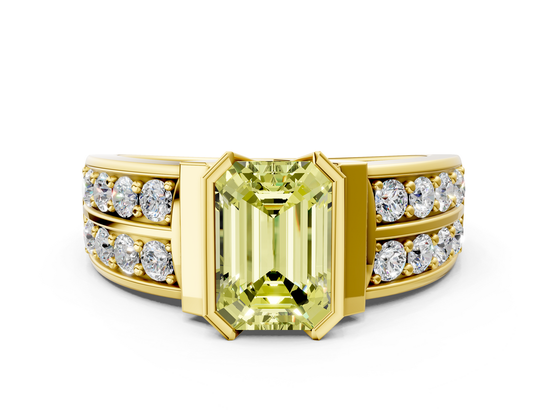 Yellow gold Fancy Yellow Emerald  Brilliant Diamond Channel Set Wide Band Ring with Bezel Setting_19