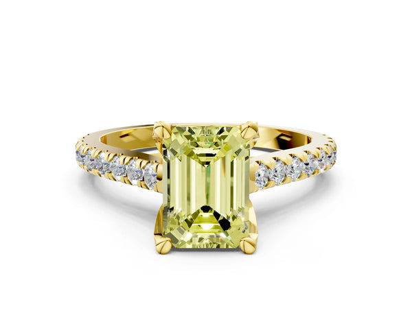 Yellow gold Fancy Yellow Emerald  Brilliant Diamond Solitaire with Pavé Band and Four-Prong Setting