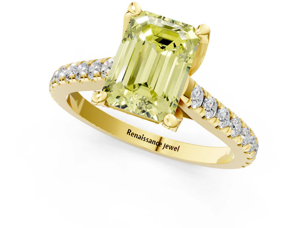 Yellow gold Fancy Yellow Emerald  Brilliant Diamond Solitaire with Pavé Band and Four-Prong Setting