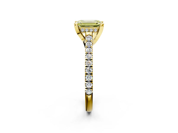 Yellow gold Fancy Yellow Emerald  Brilliant Diamond Solitaire with Pavé Band and Four-Prong Setting