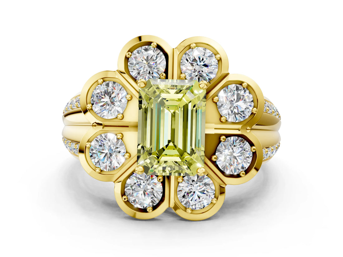Yellow gold Fancy Yellow Emerald  Brilliant Flower Halo Diamond Split Shank Ring_75