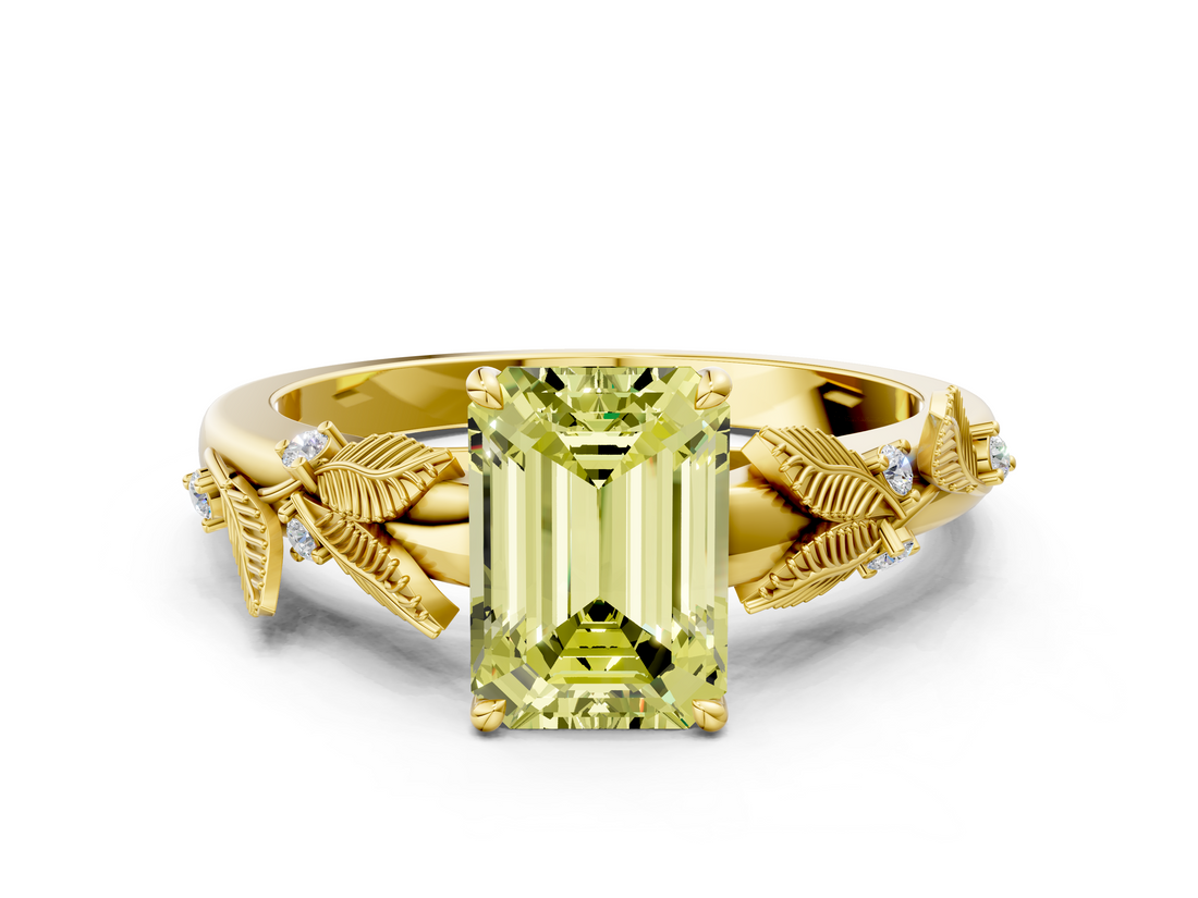 Yellow gold Fancy Yellow Emerald  Brilliant Solitaire with Leaf Motif Band and Four-Prong Setting_56