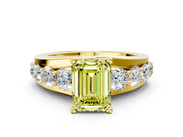 Yellow gold Fancy Yellow Emerald  Brilliant Solitaire with Side Stones on a Pave Band and Four-Prong Setting