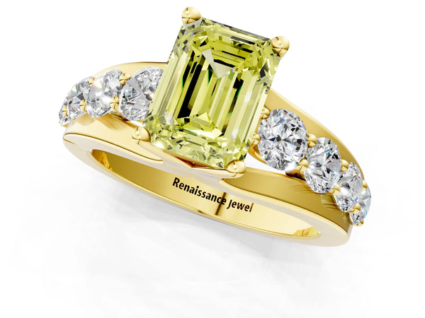 Yellow gold Fancy Yellow Emerald  Brilliant Solitaire with Side Stones on a Pave Band and Four-Prong Setting