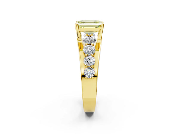 Yellow gold Fancy Yellow Emerald  Brilliant Solitaire with Side Stones on a Pave Band and Four-Prong Setting