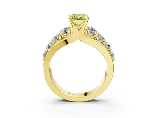 Yellow gold Fancy Yellow Emerald  Brilliant Solitaire with Side Stones on a Pave Band and Four-Prong Setting