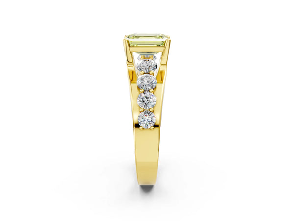 Yellow gold Fancy Yellow Emerald  Brilliant Solitaire with Side Stones on a Pave Band and Four-Prong Setting