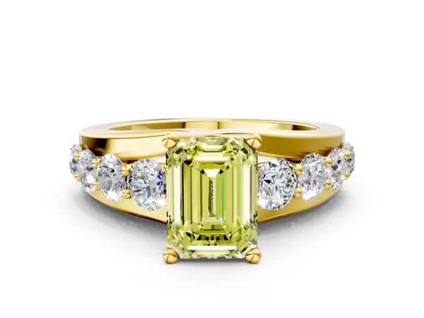 Yellow gold Fancy Yellow Emerald  Brilliant Solitaire with Side Stones on a Pave Band and Four-Prong Setting