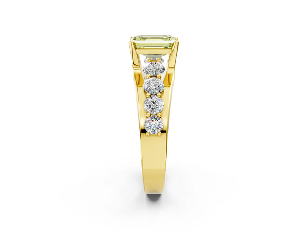Yellow gold Fancy Yellow Emerald  Brilliant Solitaire with Side Stones on a Pave Band and Four-Prong Setting
