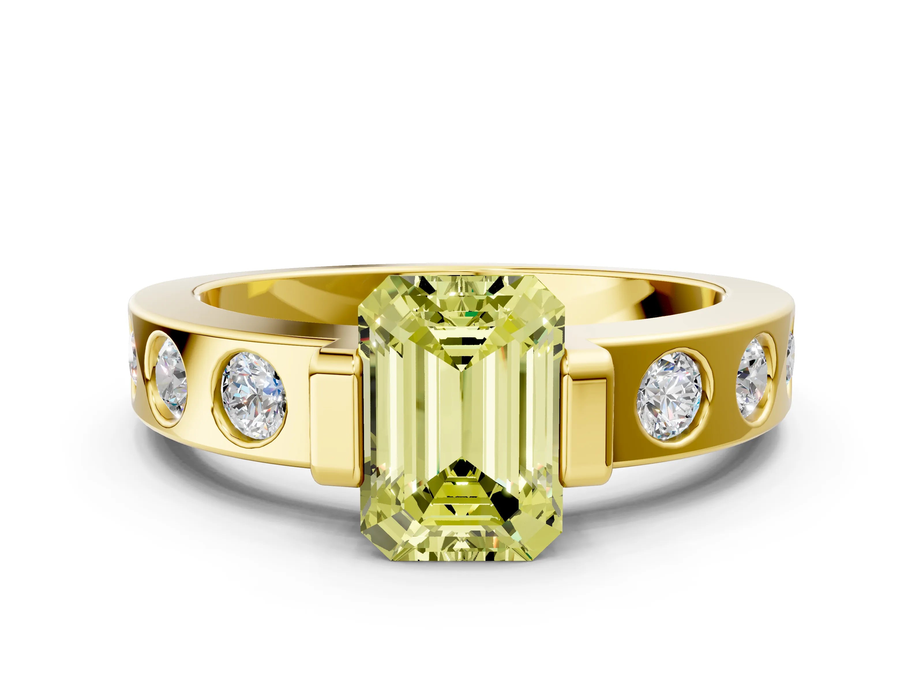 Yellow gold Fancy Yellow Emerald Cut Brilliant Channel-Set Diamond Ring with Bezel Prong Setting