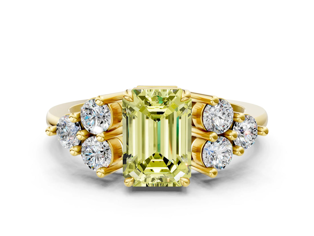 Yellow gold Fancy Yellow Emerald Cut Brilliant Diamond Cluster Accent Solitaire Ring with Prong Setting