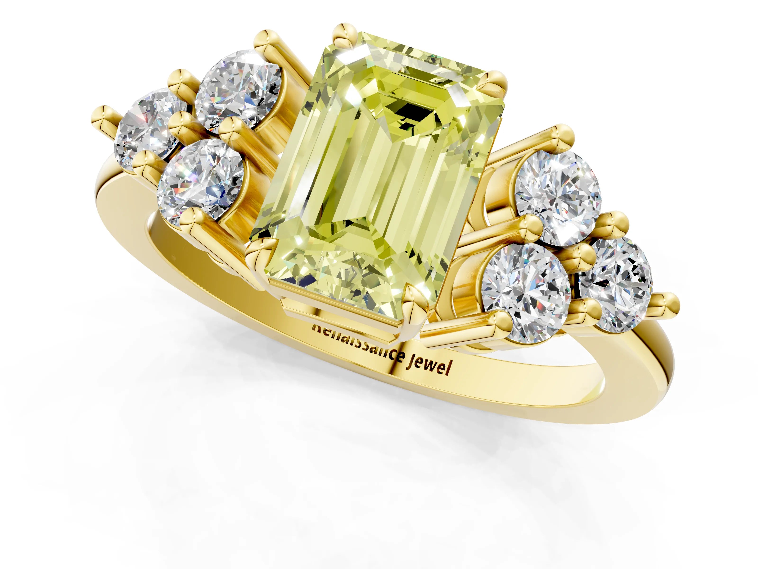 Yellow gold Fancy Yellow Emerald Cut Brilliant Diamond Cluster Accent Solitaire Ring with Prong Setting_1