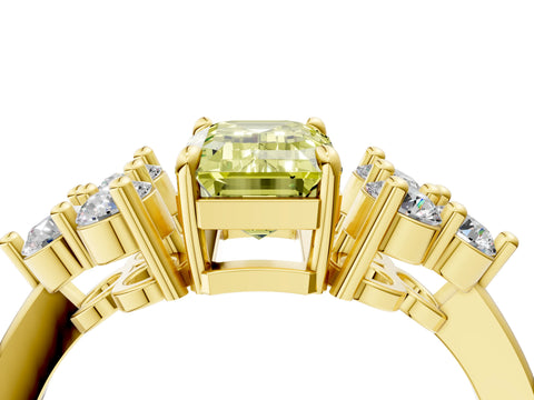 Yellow gold Fancy Yellow Emerald Cut Brilliant Diamond Cluster Accent Solitaire Ring with Prong Setting_4