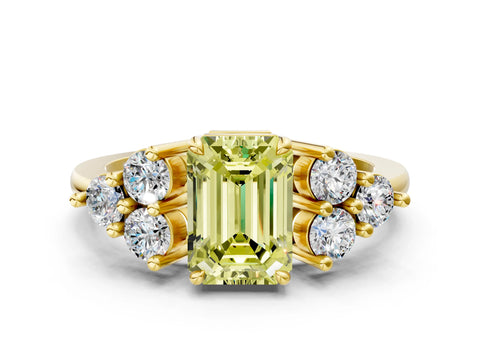 Yellow gold Fancy Yellow Emerald Cut Brilliant Diamond Cluster Accent Solitaire Ring with Prong Setting
