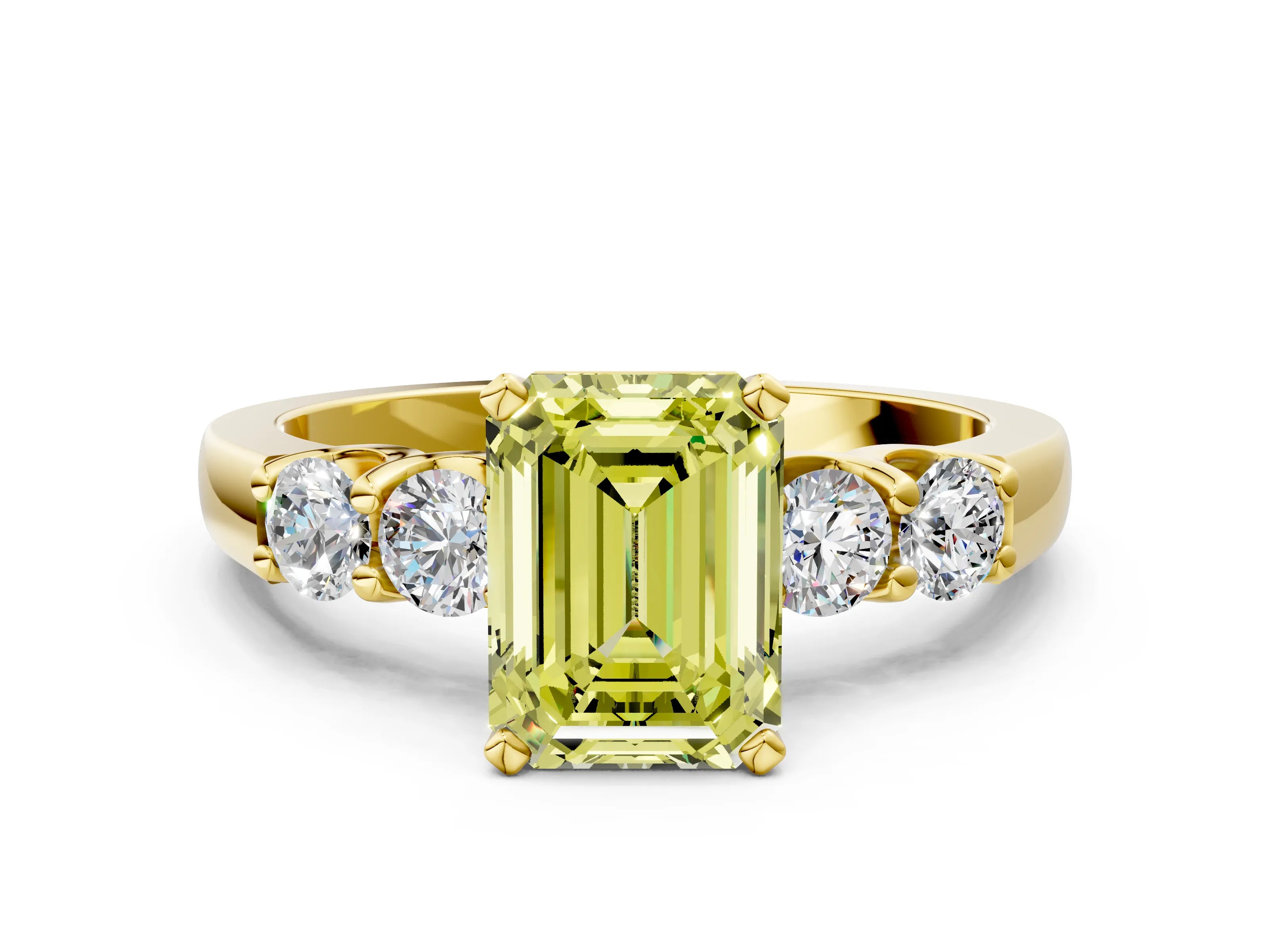 Yellow gold Fancy Yellow Emerald Cut Brilliant Diamond Five-Stone Engagement Ring with Prong Setting on a Classic Band_3