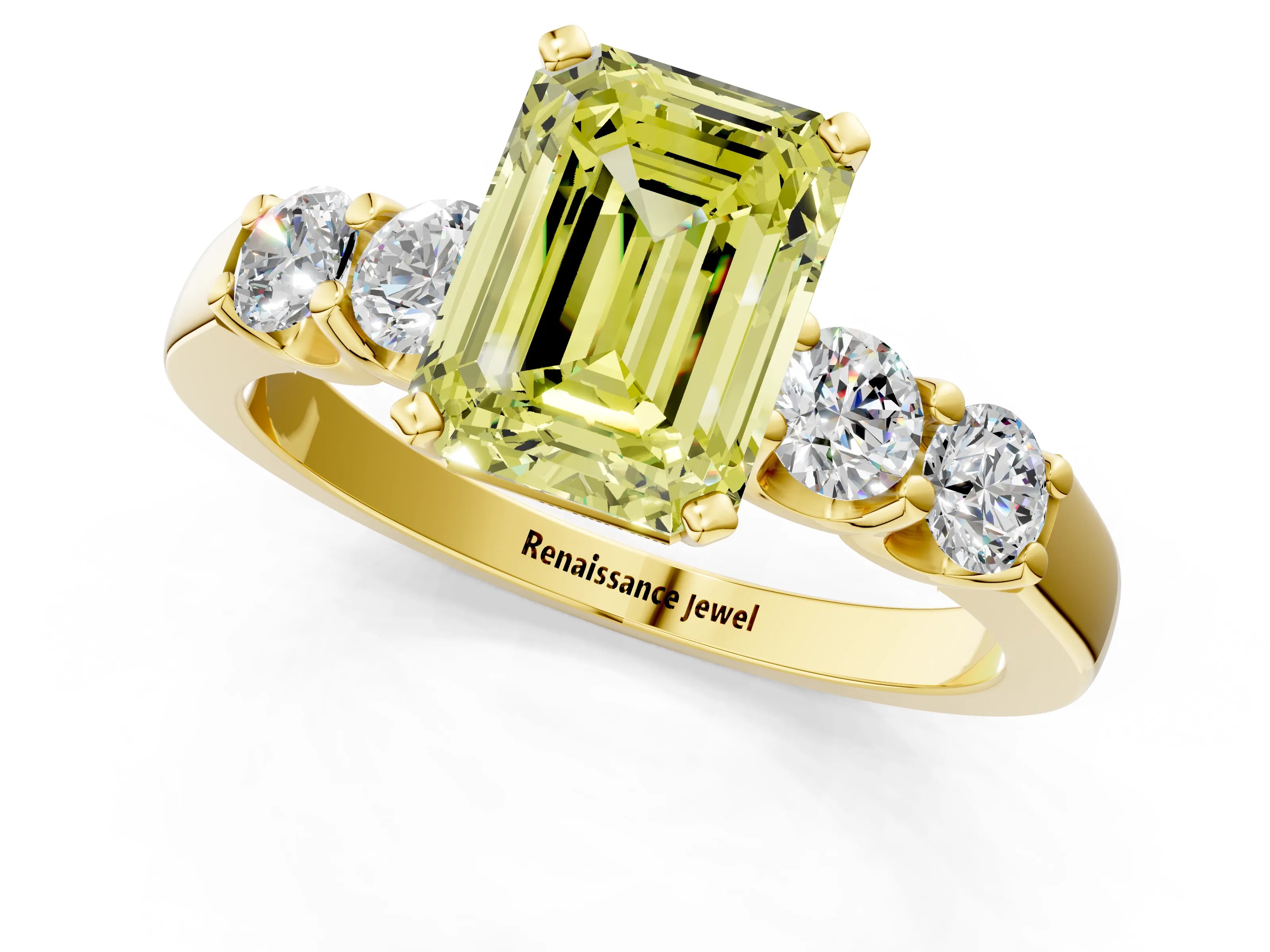 Yellow gold Fancy Yellow Emerald Cut Brilliant Diamond Five-Stone Engagement Ring with Prong Setting on a Classic Band_4