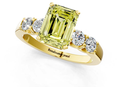 Yellow gold Fancy Yellow Emerald Cut Brilliant Diamond Five-Stone Engagement Ring with Prong Setting on a Classic Band_4