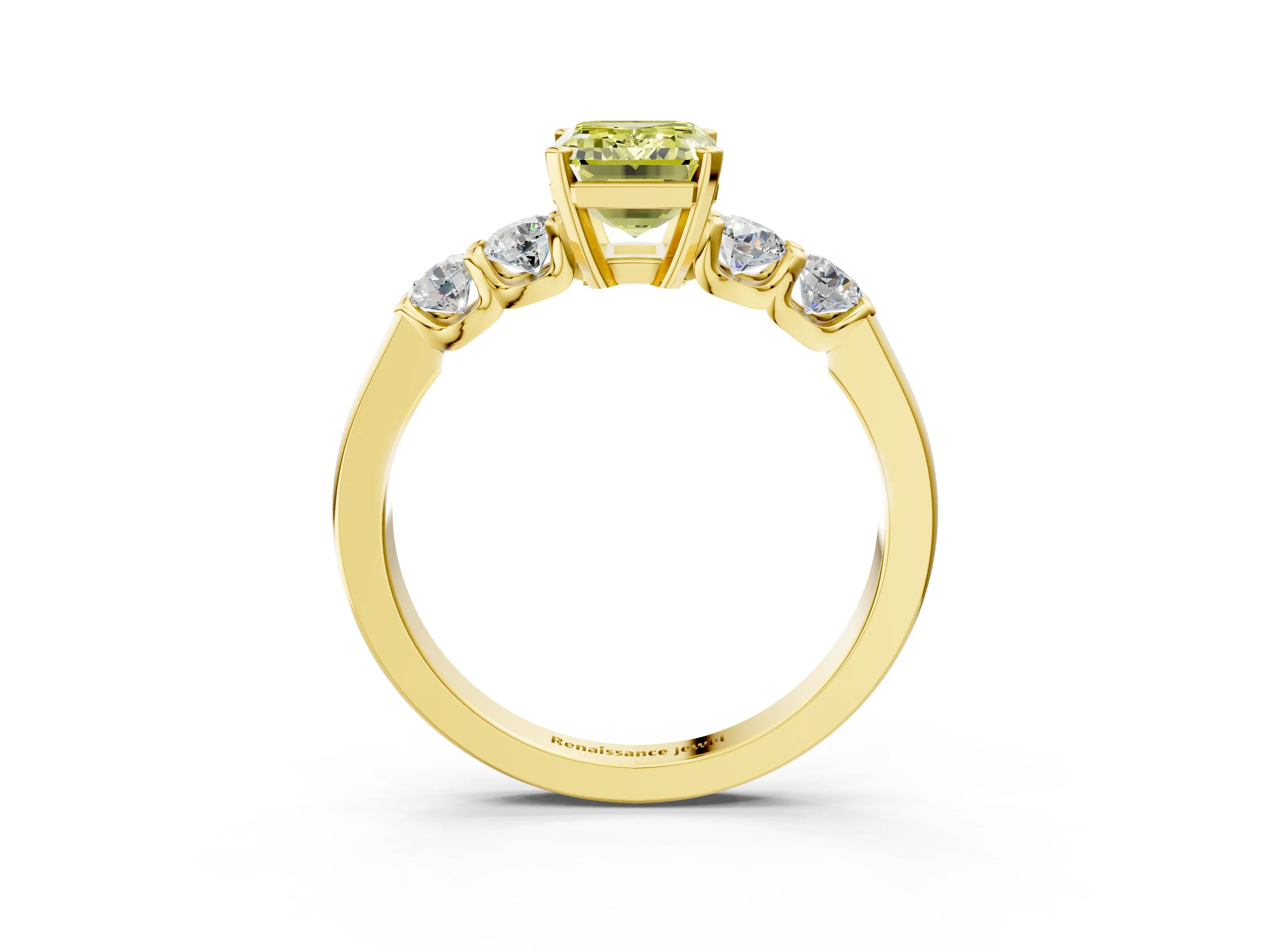Yellow gold Fancy Yellow Emerald Cut Brilliant Diamond Five-Stone Engagement Ring with Prong Setting on a Classic Band_6