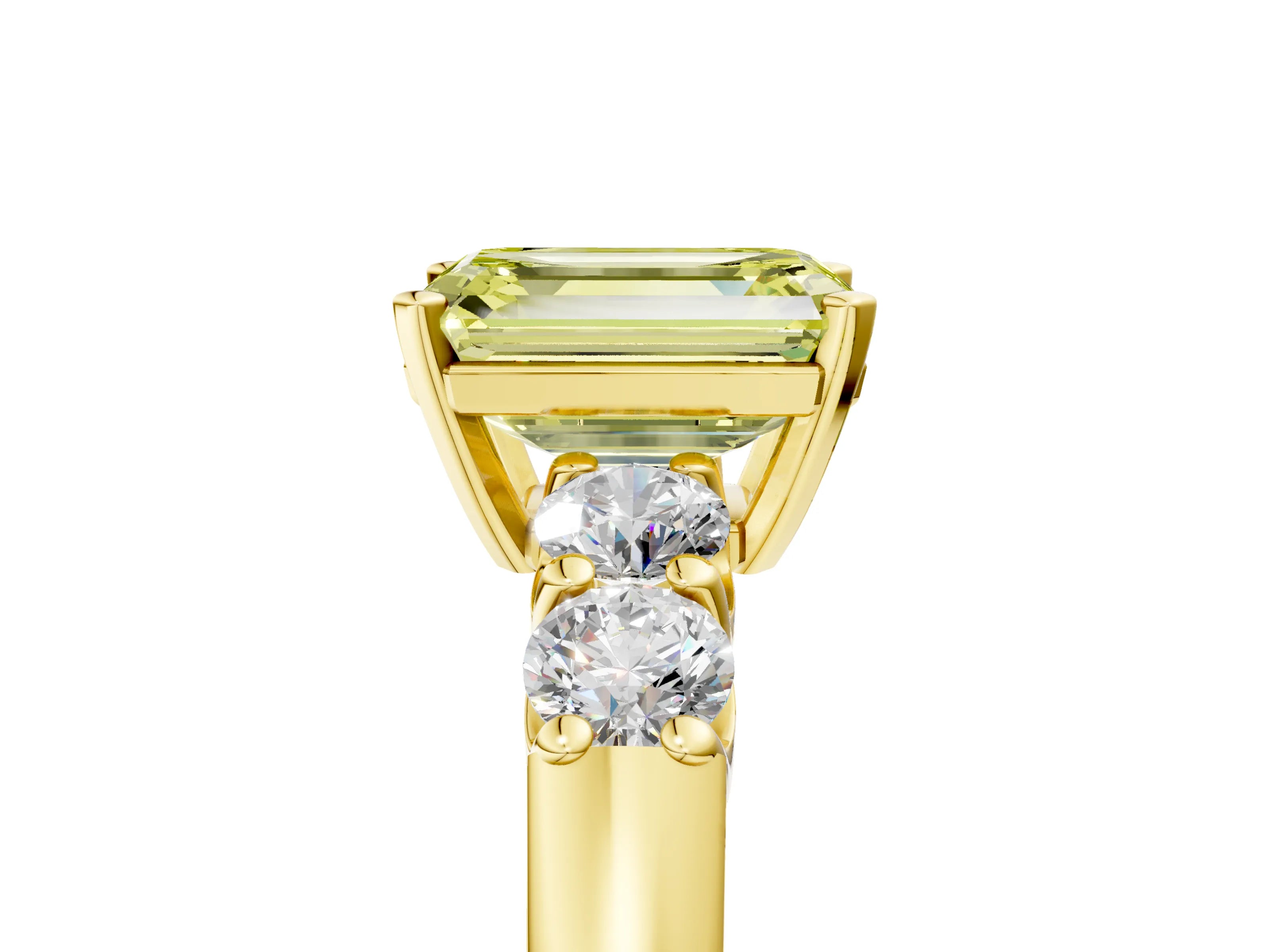 Yellow gold Fancy Yellow Emerald Cut Brilliant Diamond Five-Stone Engagement Ring with Prong Setting on a Classic Band_8