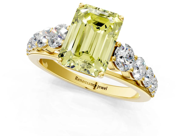 Yellow gold Fancy Yellow Emerald Cut Brilliant Diamond Pavé Band with Six-Prong Setting