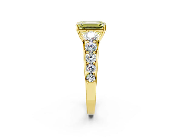 Yellow gold Fancy Yellow Emerald Cut Brilliant Diamond Pavé Band with Six-Prong Setting