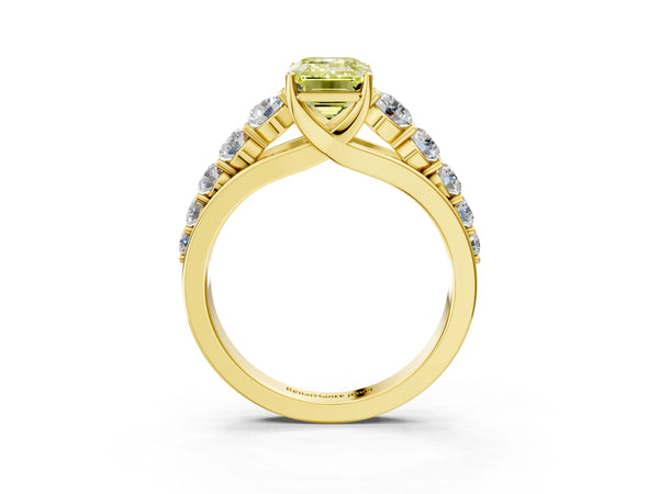 Yellow gold Fancy Yellow Emerald Cut Brilliant Diamond Pavé Band with Six-Prong Setting