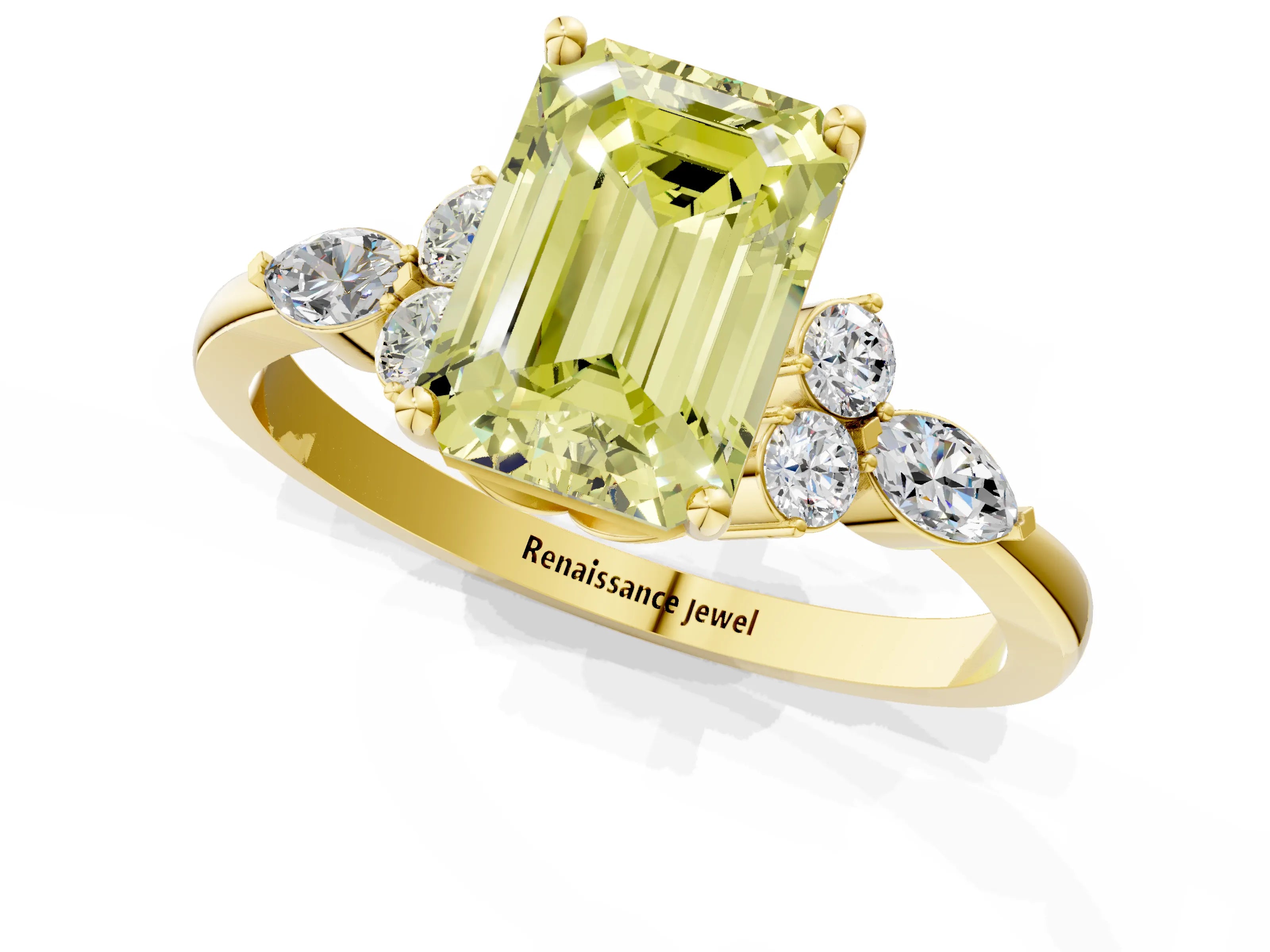 Yellow gold Fancy Yellow Emerald Cut Brilliant Diamond Solitaire Ring with Pear Side Stones and Four-Prong Setting_4