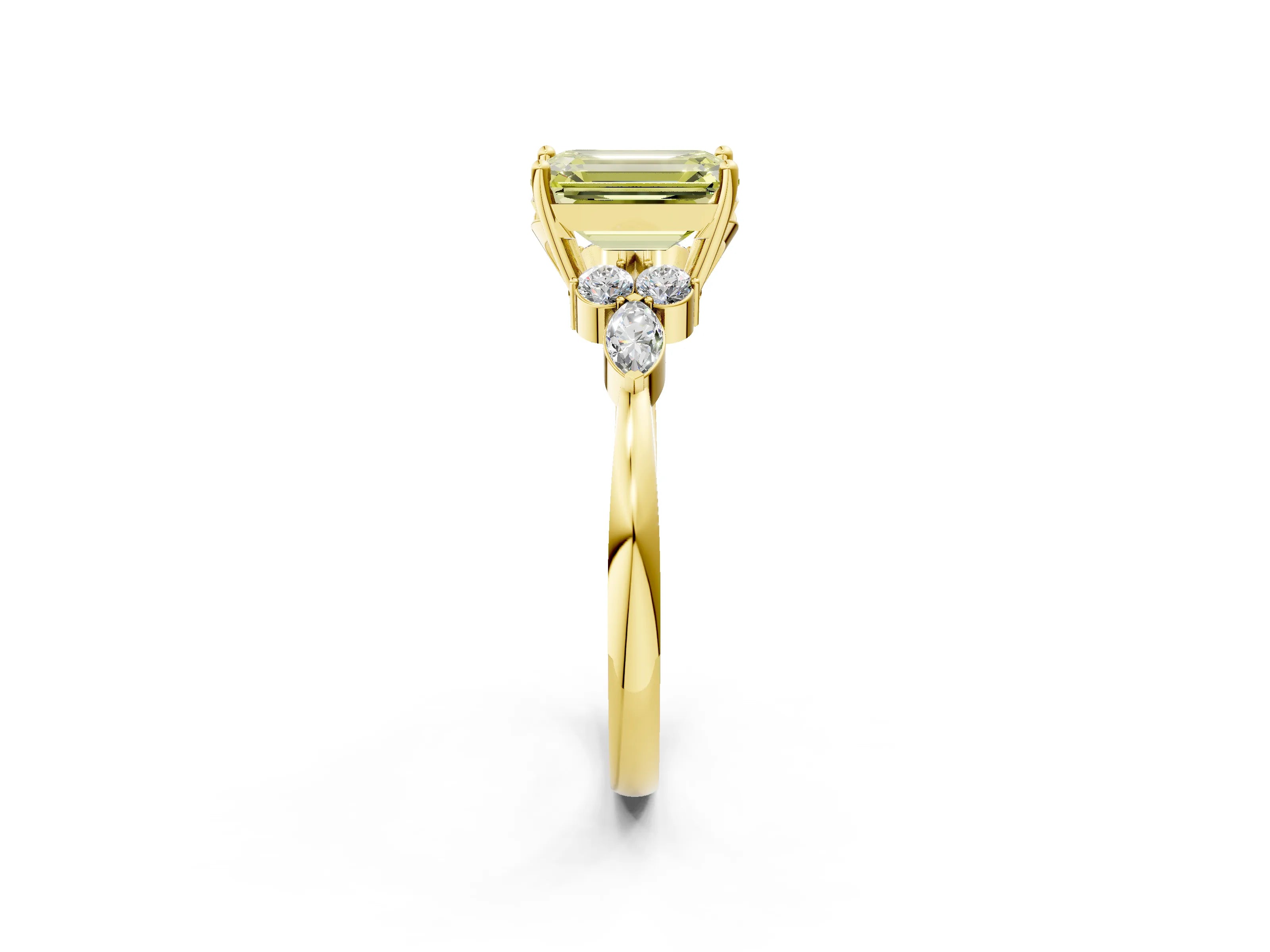 Yellow gold Fancy Yellow Emerald Cut Brilliant Diamond Solitaire Ring with Pear Side Stones and Four-Prong Setting_5