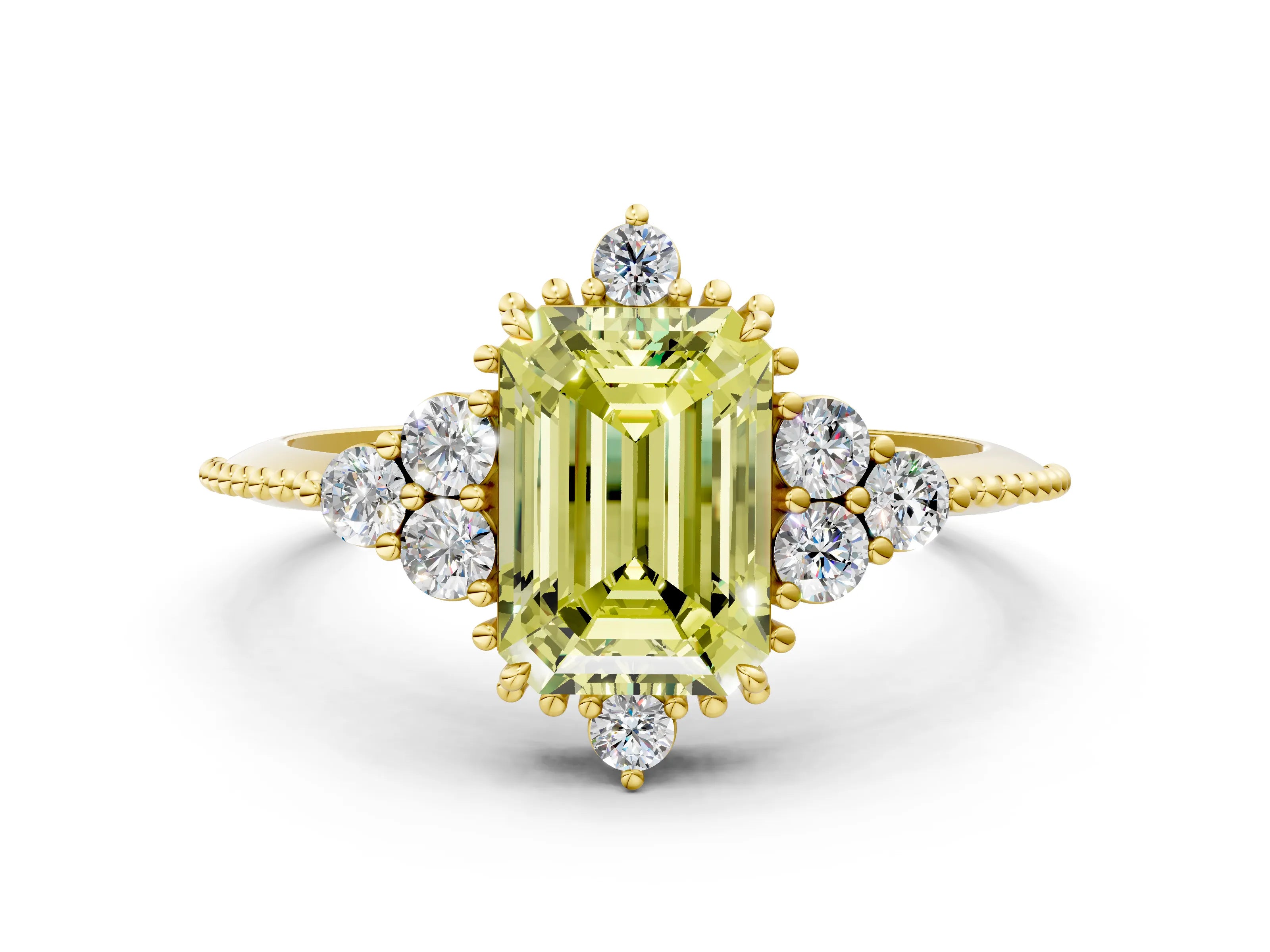 Yellow gold Fancy Yellow Emerald Cut Brilliant Diamond with Cluster Setting on a Beaded Band and Four-Prong Setting