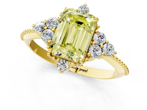 Yellow gold Fancy Yellow Emerald Cut Brilliant Diamond with Cluster Setting on a Beaded Band and Four-Prong Setting_1