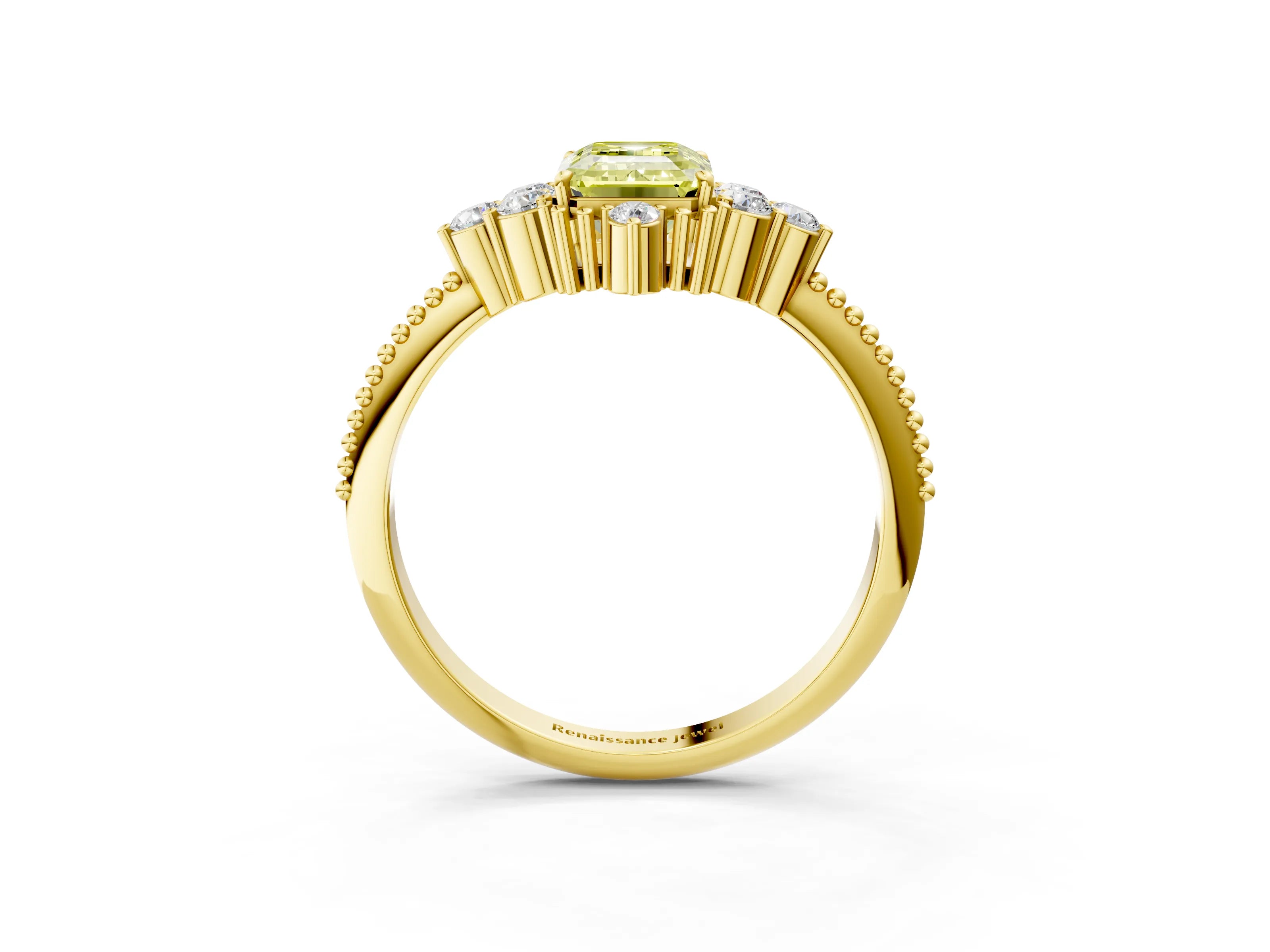 Yellow gold Fancy Yellow Emerald Cut Brilliant Diamond with Cluster Setting on a Beaded Band and Four-Prong Setting_3