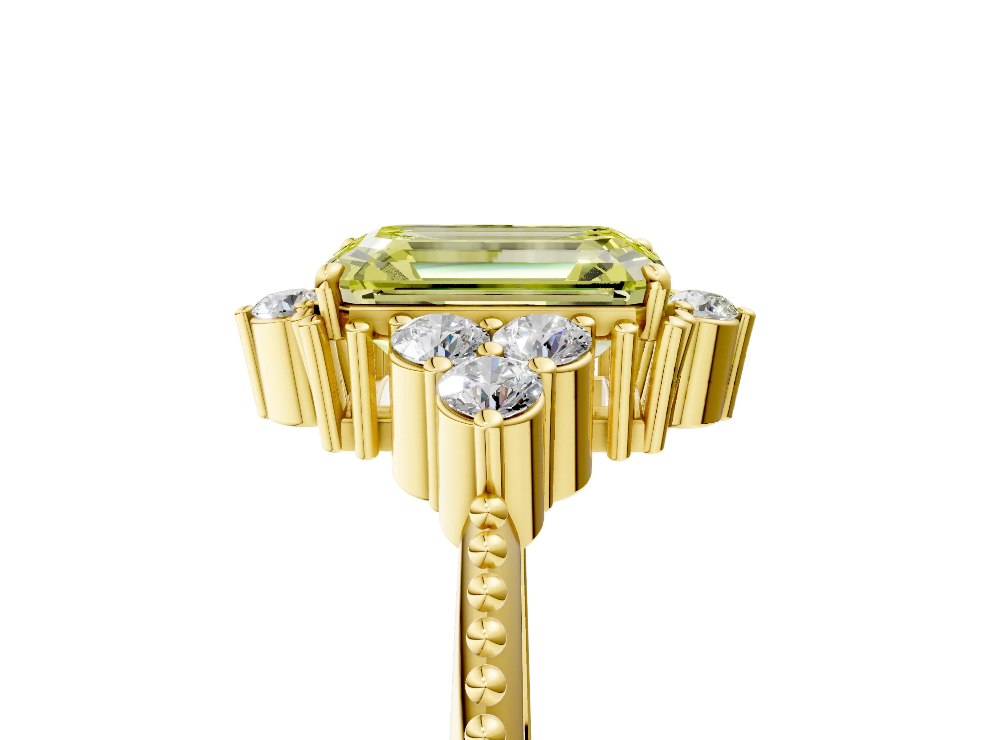 Yellow gold Fancy Yellow Emerald Cut Brilliant Diamond with Cluster Setting on a Beaded Band and Four-Prong Setting_5