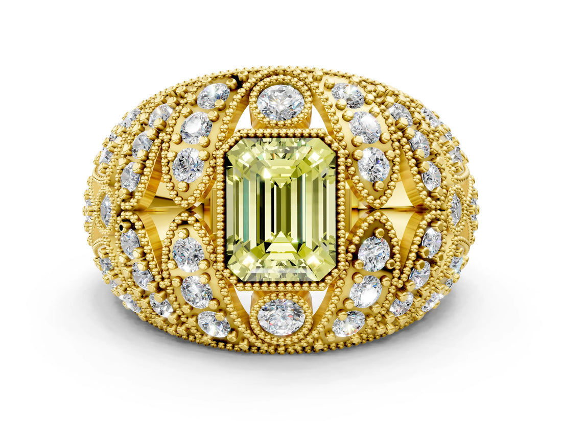 Yellow gold Fancy Yellow Emerald Cut Brilliant Halo Pave Diamond Milgrain Ring