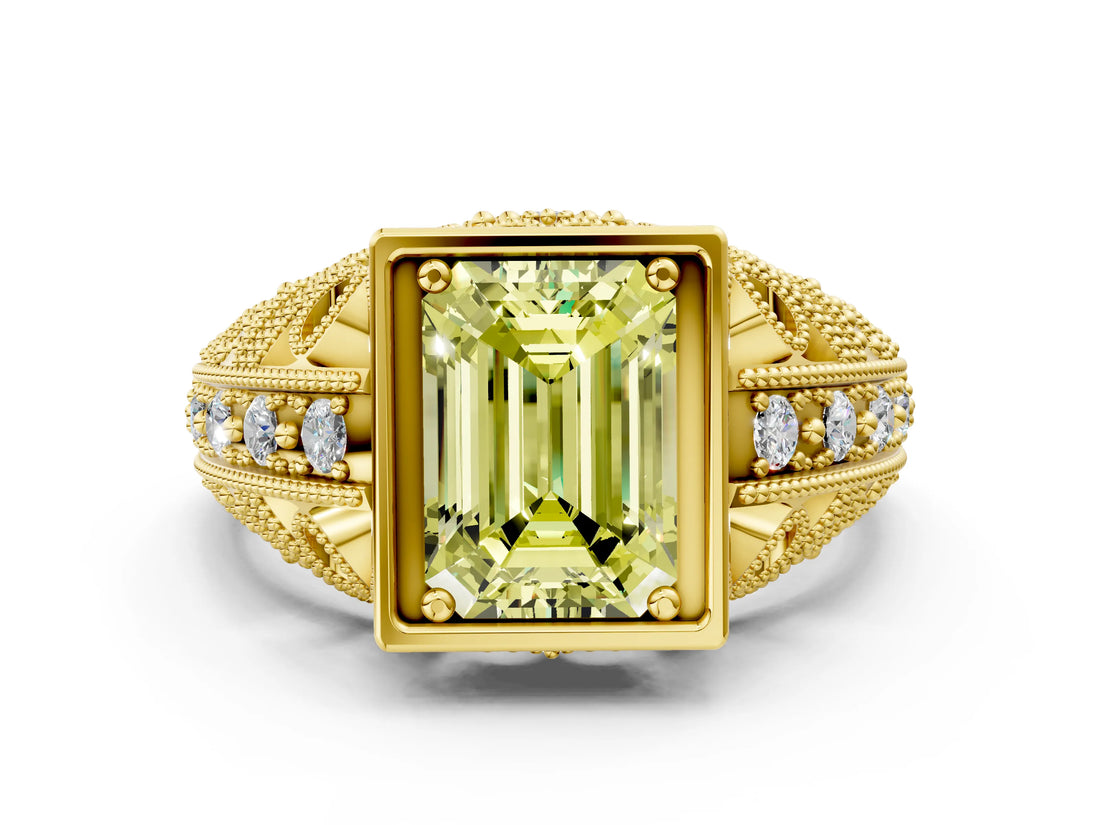 Yellow gold Fancy Yellow Emerald Cut Brilliant Milgrain Filigree Diamond Ring with Square Prong Setting
