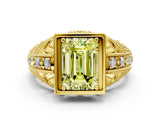 Yellow gold Fancy Yellow Emerald Cut Brilliant Milgrain Filigree Diamond Ring with Square Prong Setting