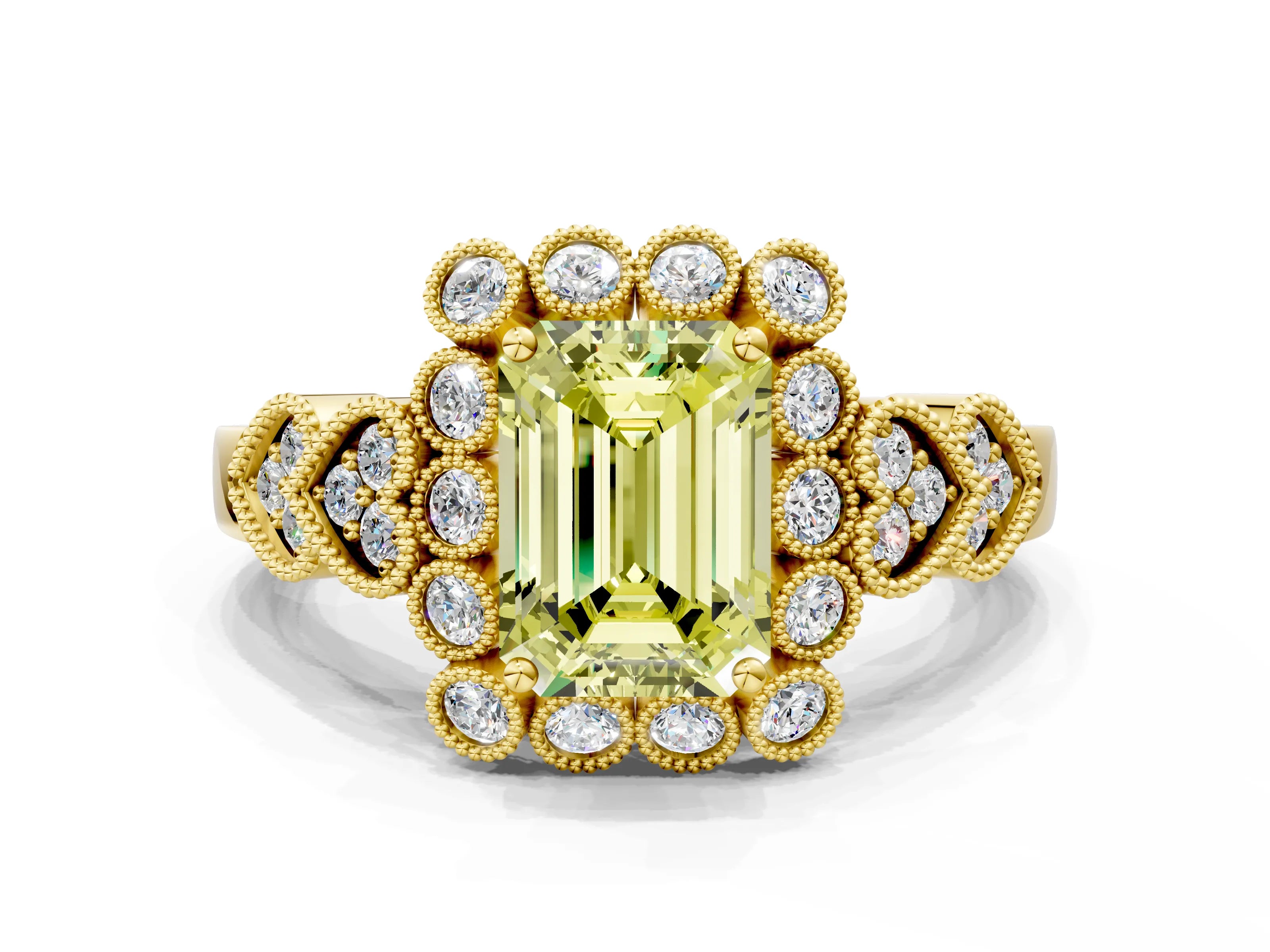 Yellow gold Fancy Yellow Emerald Cut Brilliant Milgrain Pave Heart Band Solitaire Ring