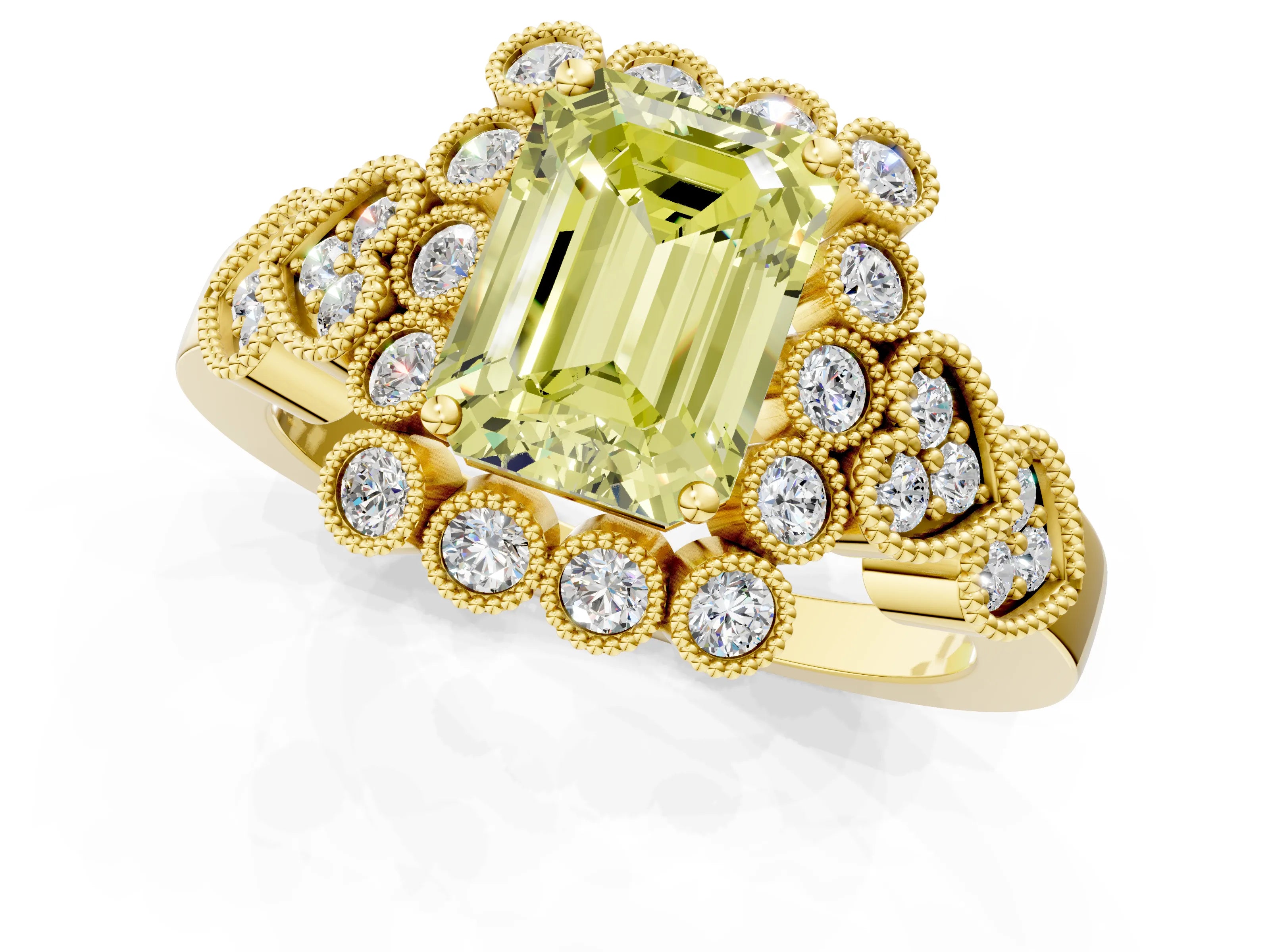 Yellow gold Fancy Yellow Emerald Cut Brilliant Milgrain Pave Heart Band Solitaire Ring_1
