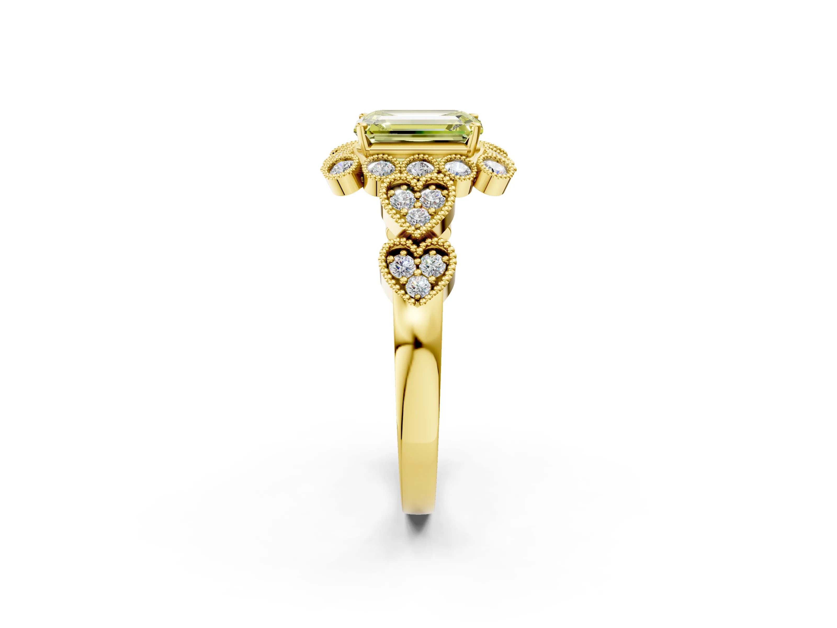 Yellow gold Fancy Yellow Emerald Cut Brilliant Milgrain Pave Heart Band Solitaire Ring_2
