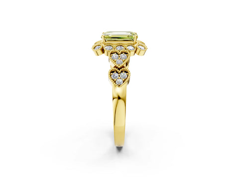 Yellow gold Fancy Yellow Emerald Cut Brilliant Milgrain Pave Heart Band Solitaire Ring_2