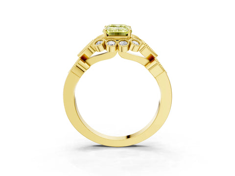 Yellow gold Fancy Yellow Emerald Cut Brilliant Milgrain Pave Heart Band Solitaire Ring_3